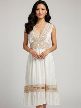Ashley Taylor Boho Lace Trim Midi Dress Cream Gold Embroidered V-Neck Size M
